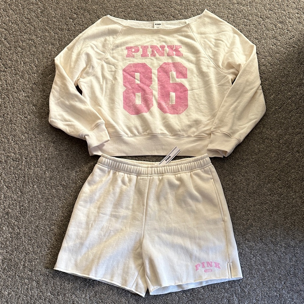 NWT Pink Victoria’s Secret Sweatshirt and Shorts Set Cream and Pink